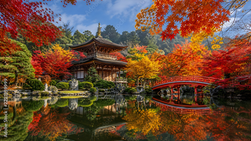 Fototapeta premium Traditional Japanese temple and red bridge surrounded by vibrant autumn foliage and maple trees reflecting in a calm pond in Kyoto