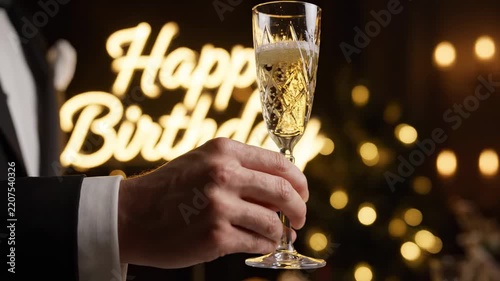 A person in a suit holding a champagne glass with a 'Happy Birthday' neon sign and bokeh lights in the background, celebrating a special occasion.