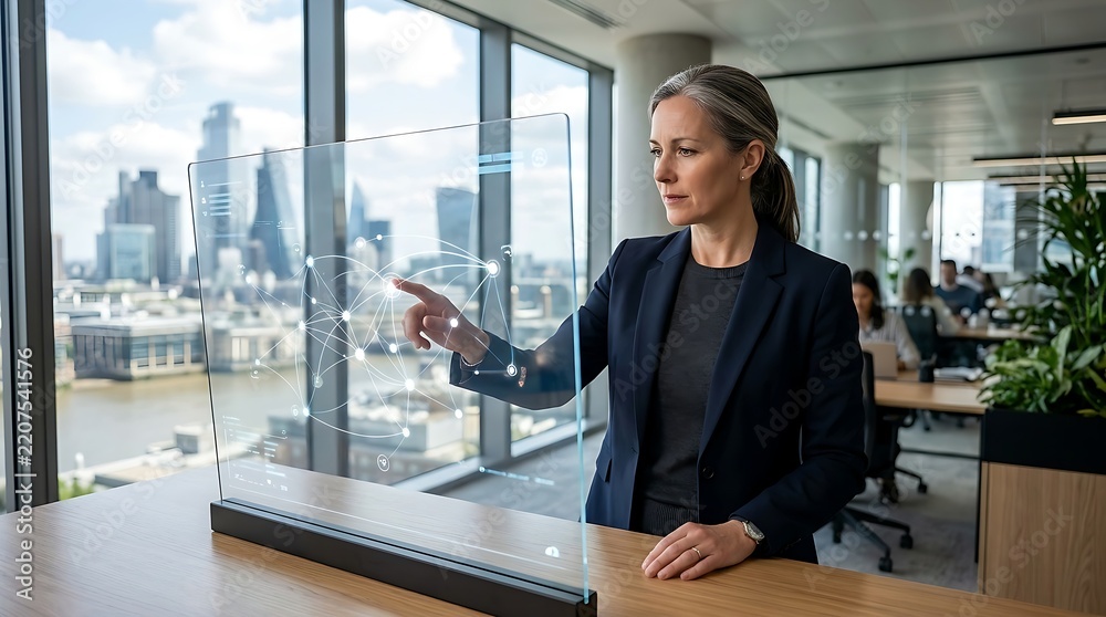 Fototapeta premium Businesswoman interacting with futuristic holographic display in modern office