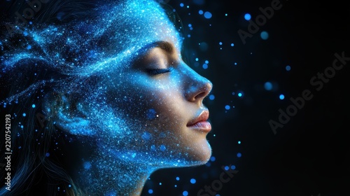 Close-up profile of a woman with vivid blue and orange abstract brush textures blending into her face, combining beauty, creativity, modern art, and digital expression.
