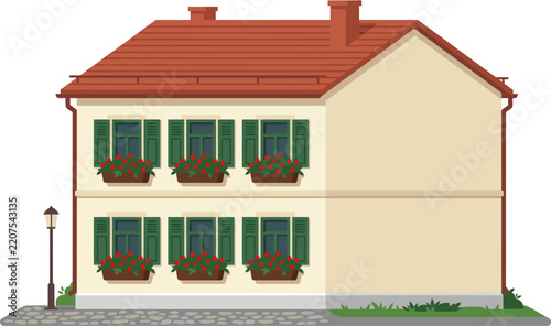 Two-story European house illustration with green shutters and flowers