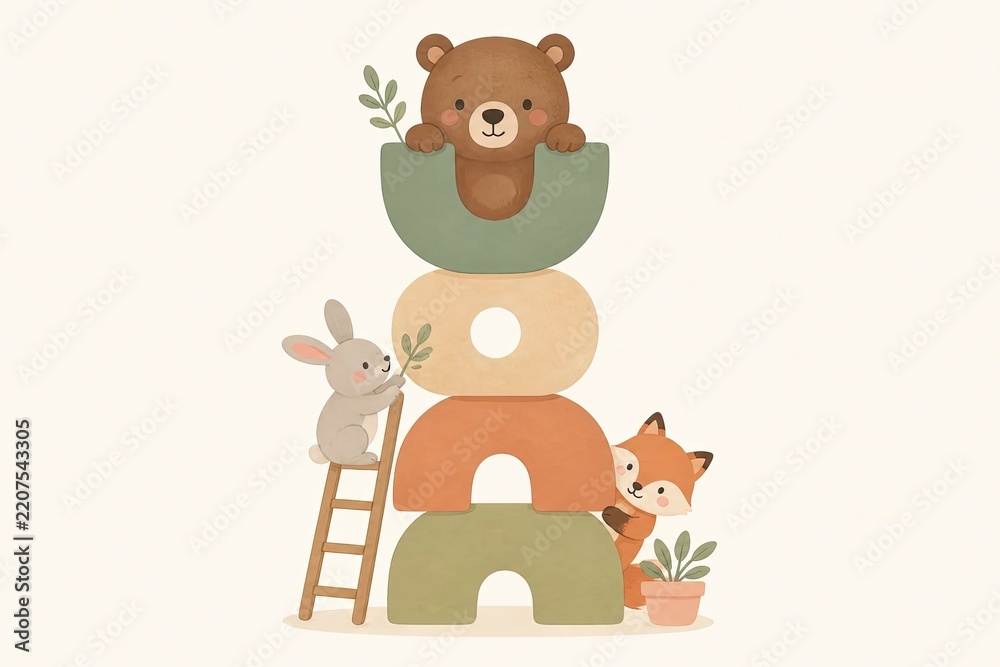 Obraz premium Cute woodland animals around stacked colorful arches