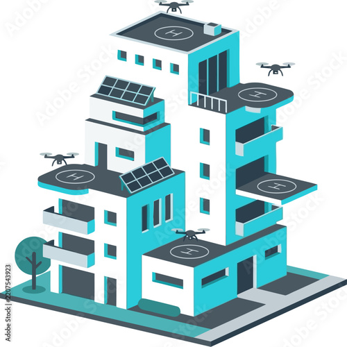 Isometric Modern Building with Delivery Drones and Solar Panels