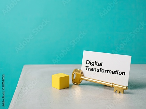 Golden key holding card reading Digital Transformation suitable for business technology content symbolizing key solutions and tech success