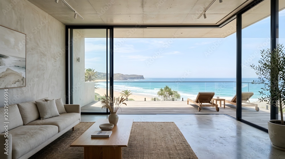 Fototapeta premium Modern luxury living room interior with panoramic ocean view and terrace.
