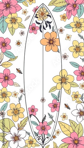 Floral pattern surfboard illustration with flower decoration in line style, vacation, games