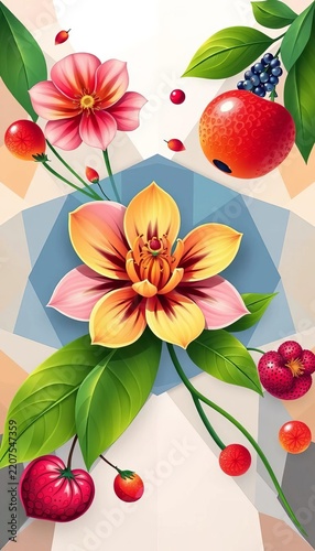 Flower with juicy fruit and plant vectors in a geometric design, graphic, fruit