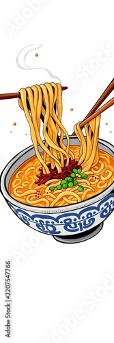 Steaming bowl of ramen noodles with chopsticks and anime-style artwork on white background, savory, sticks