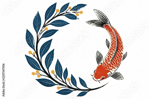 Leafy wreath with orange koi fish in woodblock print style