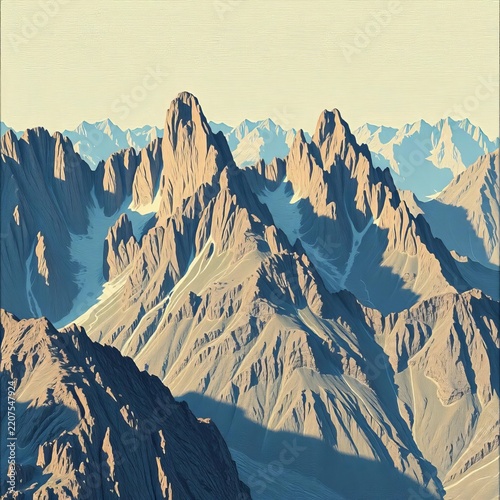 Vintage-style engraving of towering mountain peaks, engraving, majestic