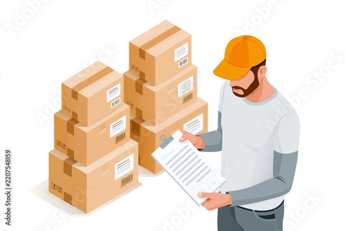 Worker checks shipping boxes with clipboard. Man wears cap and holds paperwork. Stacks of brown cardboard boxes nearby. Focus on logistics, delivery, or inventory
