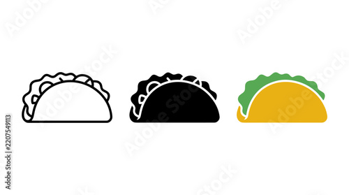 Delicious taco food vector icon collection in three visual styles
