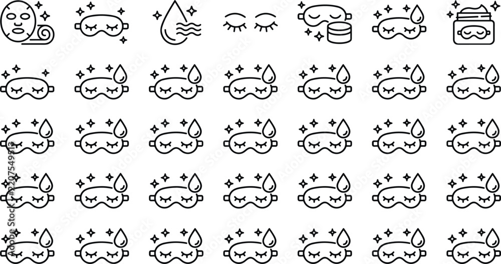 Obraz premium Sleeping eye mask line icons set with beauty face treatment sheets and moisturizing creams for overnight relaxation vector