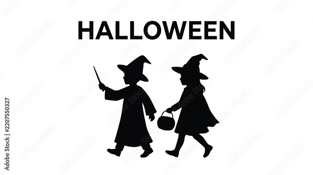Obraz premium Halloween silhouettes of children wearing witch hats and carrying magic wands for celebration events