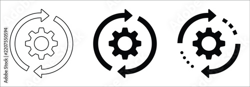 Continuous process icon set with gear and arrows, ongoing workflow, business development cycle, automation, progress, repeat system, vector illustration