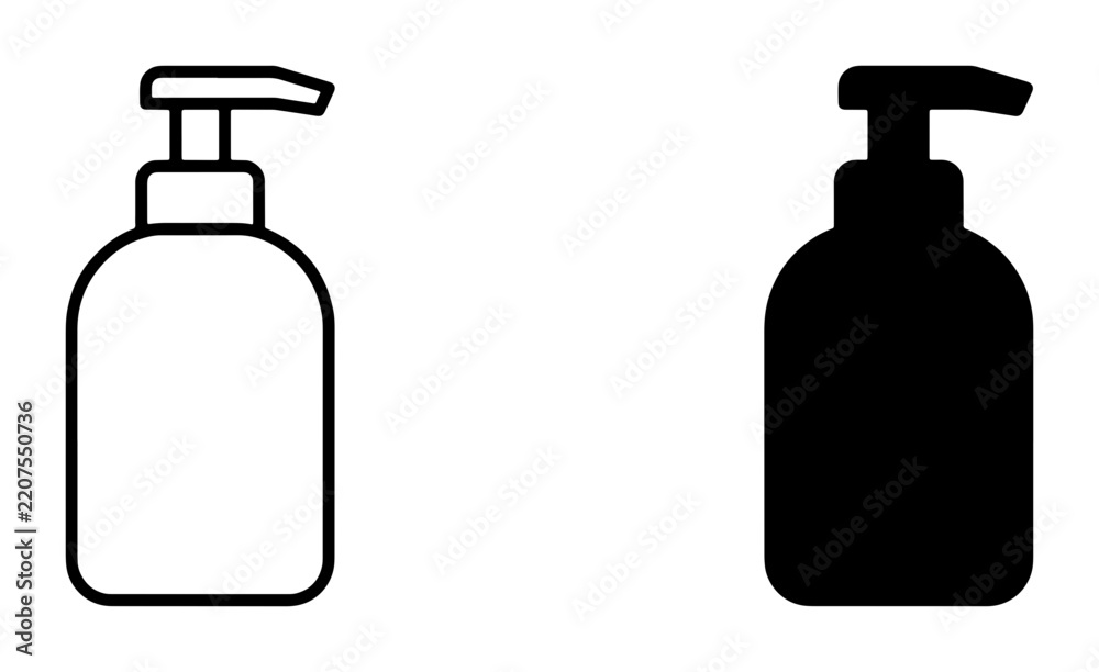 Fototapeta premium Pump bottle silhouettes set with dispenser and container for liquid soap, lotion or shampoo for hygiene and care applications