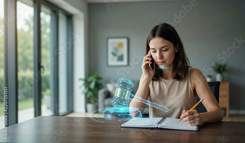 Digital legal advice concept, female lawyer with floating hologram gavel icon