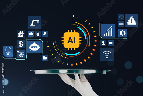 AI technology concept with smart chip, robot, cloud, data, business and secur...