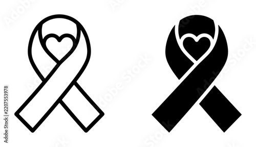 Awareness ribbon line icon and filled silhouette with heart for support and grief