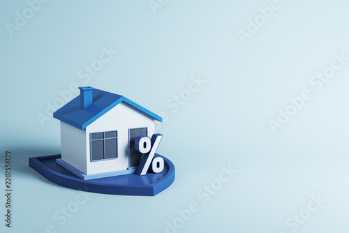 Blue house with percentage symbol illustrating mortgage loan rates, real estate financing, property purchase, and home ownership concept. 3D Rendering