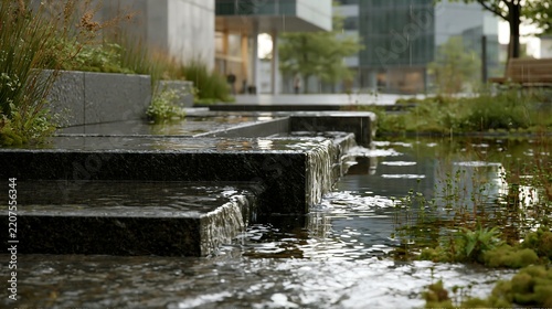 Cascading water feature with tiered stone steps in a rainy urban plaza, surrounded by green landscaping and blurred office buildings