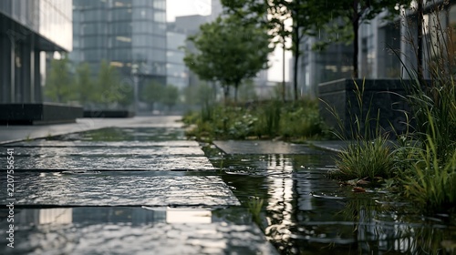 Wet stone pathway in a city park with puddles, reflecting glass office buildings and green trees on a rainy day