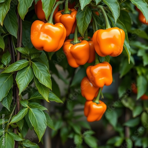 Vibrant orange bell peppers hanging from a lush green vine, nature, bell peppers