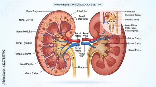 Human Kidney Anatomical Cross Section Diagram with Labels