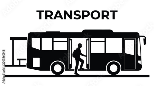 Passenger boarding modern city bus silhouette vector graphic illustration with bold typography caption overhead