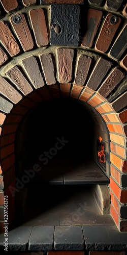 Interior of a traditional wood-burning brick oven with pizza stones, brick, cooking