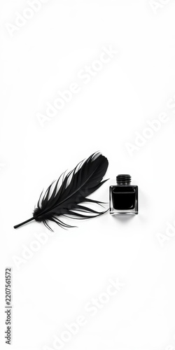 Simple black feather resting next to an inkwell on a white background, creating a striking contrast, artistic composition, minimalist aesthetic