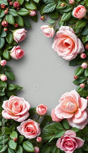 Whimsical botanical frame adorned with delicate pale pink roses amidst lush green leaves and foliage, round frame, vintage