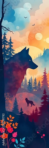 Whimsical illustration featuring a wolf's silhouette amidst watercolor forest scenery, starry night., magical