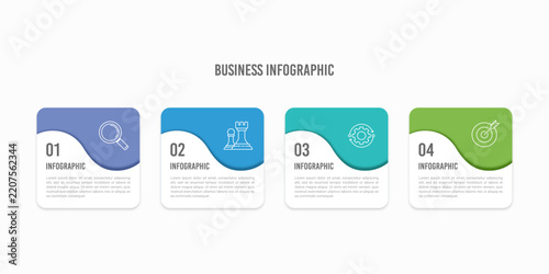 4 Steps Business Process Infographic Template with Modern Wavy Square Cards. Presentation, Plan and Strategy. Vector illustration.