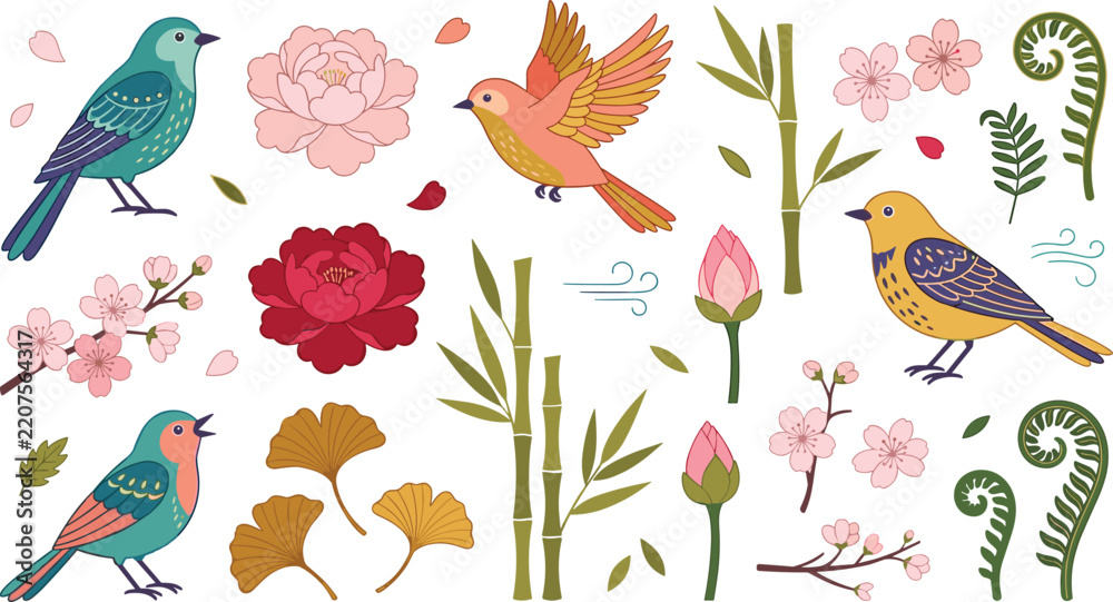 Obraz premium Japanese Asian Style Botanical Vector Set Featuring Colorful Singing Birds Cherry Blossom Sakura Peony Flowers Ginkgo Leaves And Decorative Green Bamboo Elements
