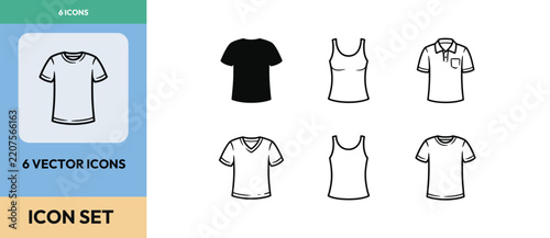 Apparel and clothing vector icon set featuring t-shirts shirts and tank tops