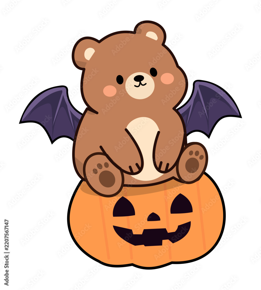 Obraz premium Cute Halloween brown bear with bat wings and pumpkin vector illustration