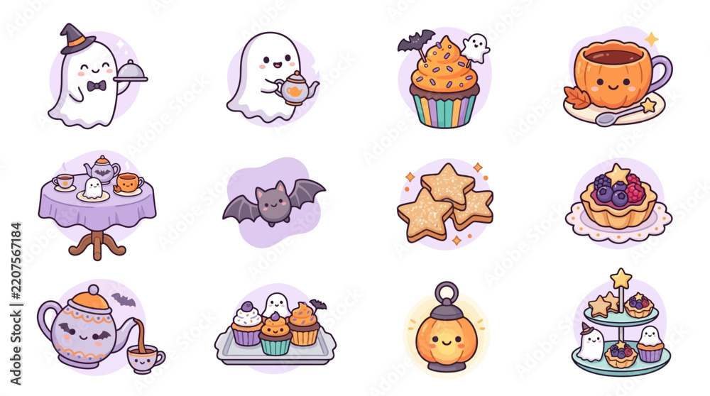 Fototapeta premium Whimsical Halloween Tea Party Cute Ghosts and Spooky Treats Collection