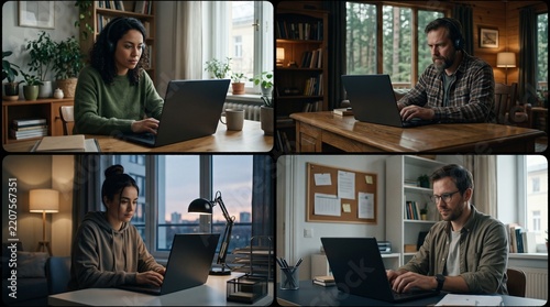Four people working remotely on laptops in different home office settings