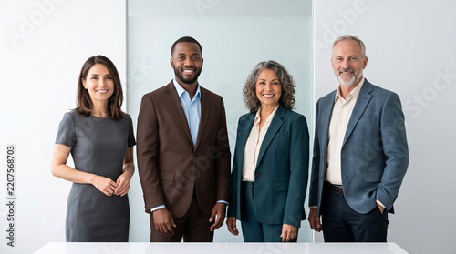 Confident group of business professionals standing together in a modern office