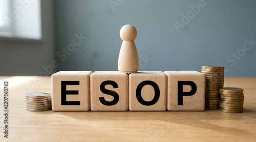 Wooden blocks spelling ESOP with employee figure and coins on wooden table