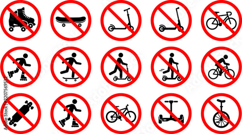 No Riding Prohibition Sign Set, Forbidden Scooter Bicycle Skateboard Roller Skate and Hoverboard Warning Symbols for Road Safety Rules