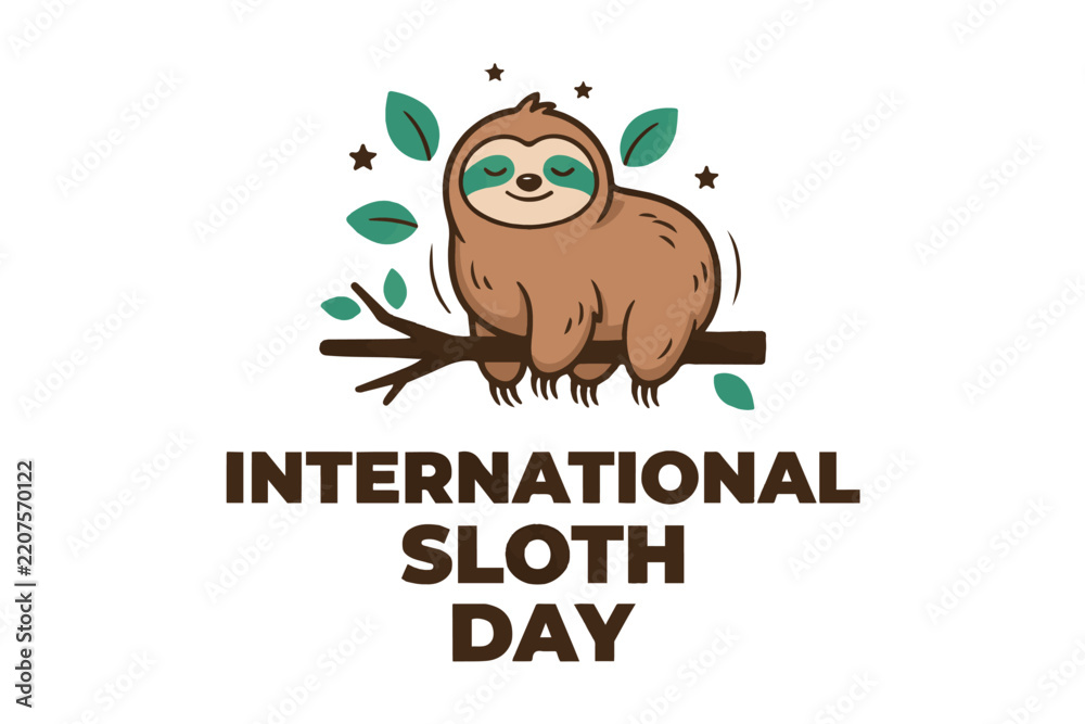 Obraz premium International Sloth Day Vector Illustration, Cute Sloth Animal Celebration Design Isolated on White Background