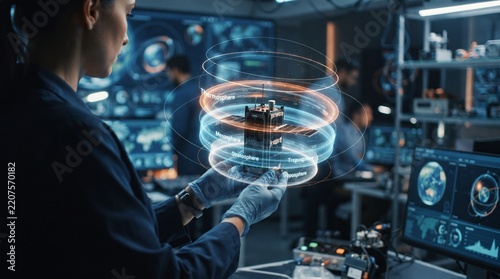 Scientist examines satellite model with atmospheric layers visualization in a modern lab