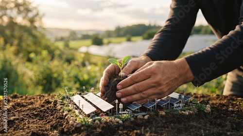 Hands planting seedling near miniature solar panels in rural landscape at sunset