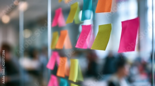 Colorful sticky note paper pieces attached to transparent glass wall in modern office brainstorming and planning session with blurred people in background