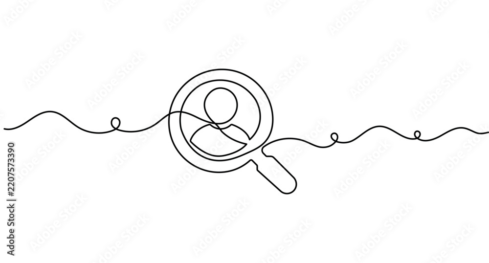 Fototapeta premium User search line art depicting a magnifying glass with person avatar continuous line drawing and editable stroke isolated on white.