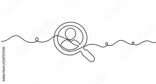 User search line art depicting a magnifying glass with person avatar continuous line drawing and editable stroke isolated on white.