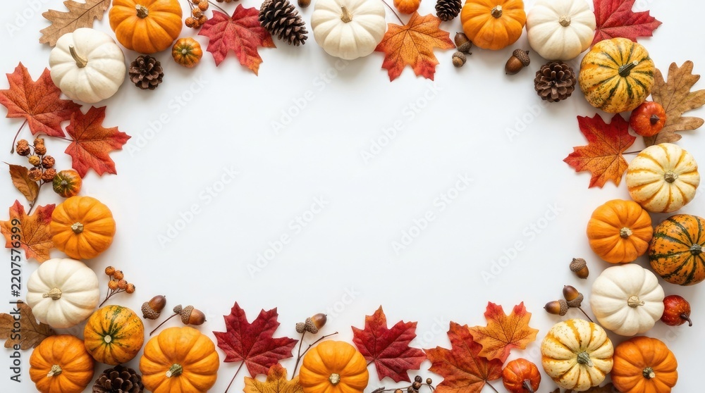 Fototapeta premium Autumn pumpkins and leaves decorative border arrangement