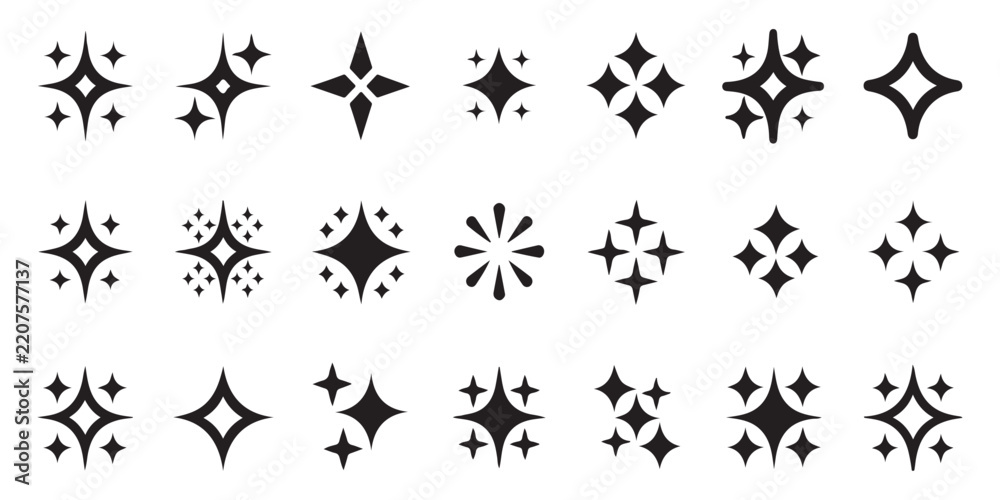 Fototapeta premium Minimalist black sparkle collection with diverse geometric twinkle shapes and clustered glitter symbols for elegant luxury brand decoration.